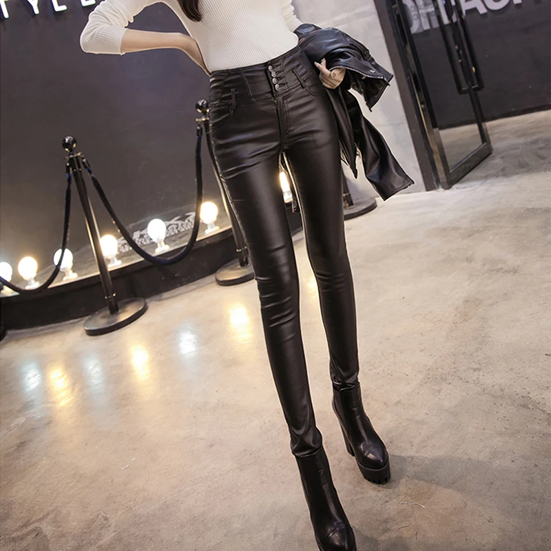 High Waist Women Leggings PU Leather Legging Thick Winter Wear Female Warm Streetwear Pants 2019 New Fashion Lady Trousers | Женская