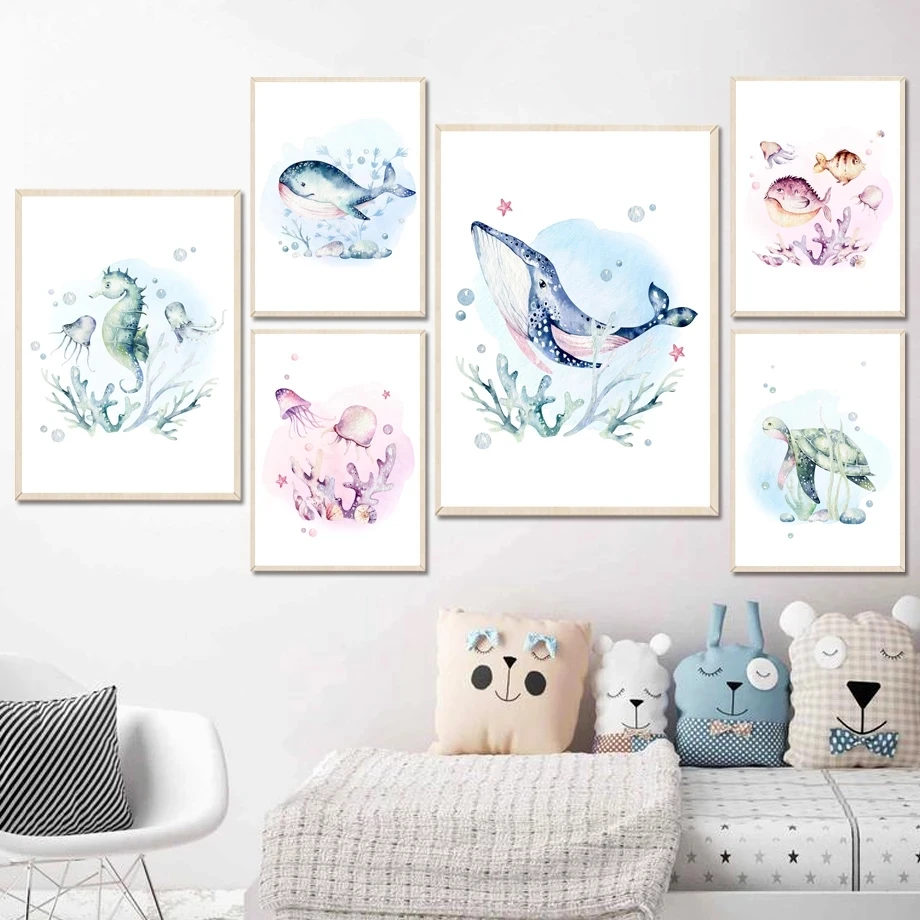 

Dolphin Whale Jellyfish Turtle Seahorse Coral Wall Art Canvas Painting Nordic Posters and Prints Wall Pictures Kids Room Decor
