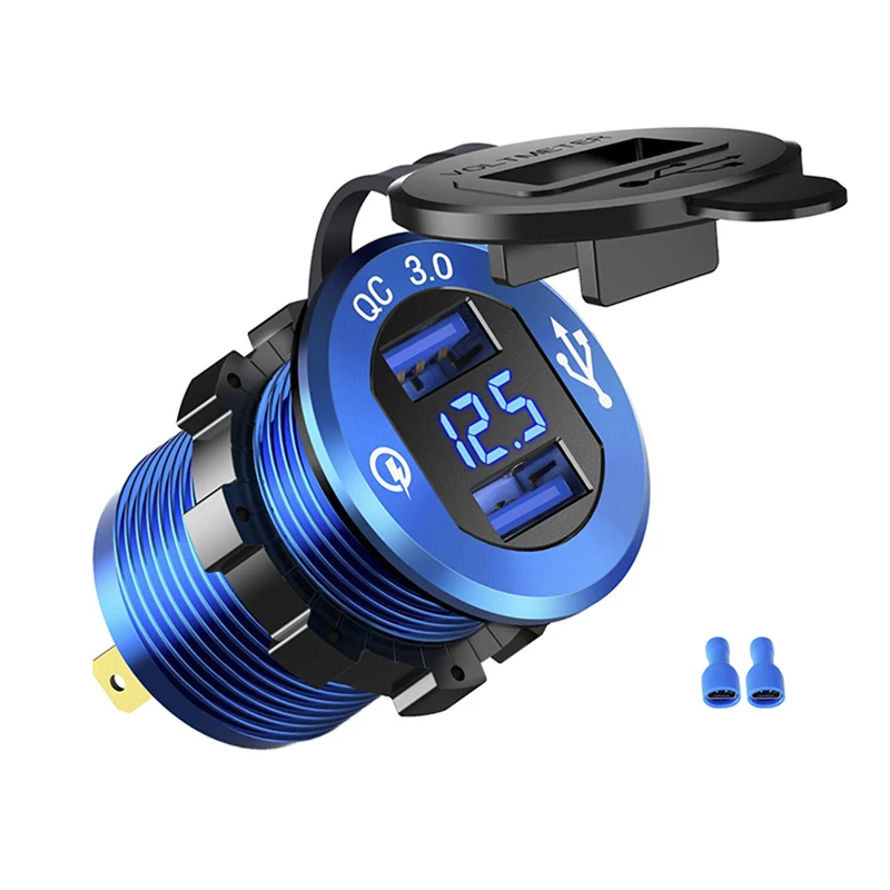 Quick Charge 3.0 Dual USB Car Charger Fast Socket Aluminium Power Outlet with LED Voltmeter for 12V 24V Boat Marine | Автомобили и