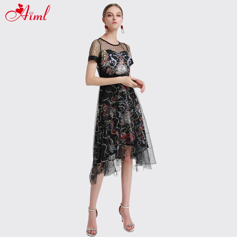 

Designer 2020 Women's Runway Summer Midi Dress Round neck Short sleeve Printed Mesh Splice Elegant Vintage Black Dresses New
