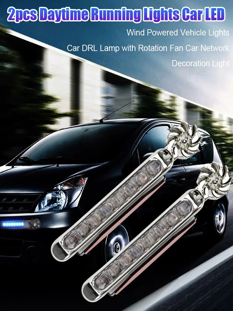 

2pcs Daytime Running Lights Car LED Wind Powered Vehicle Lights Car DRL Lamp with Rotation Fan Car Network Decoration Light