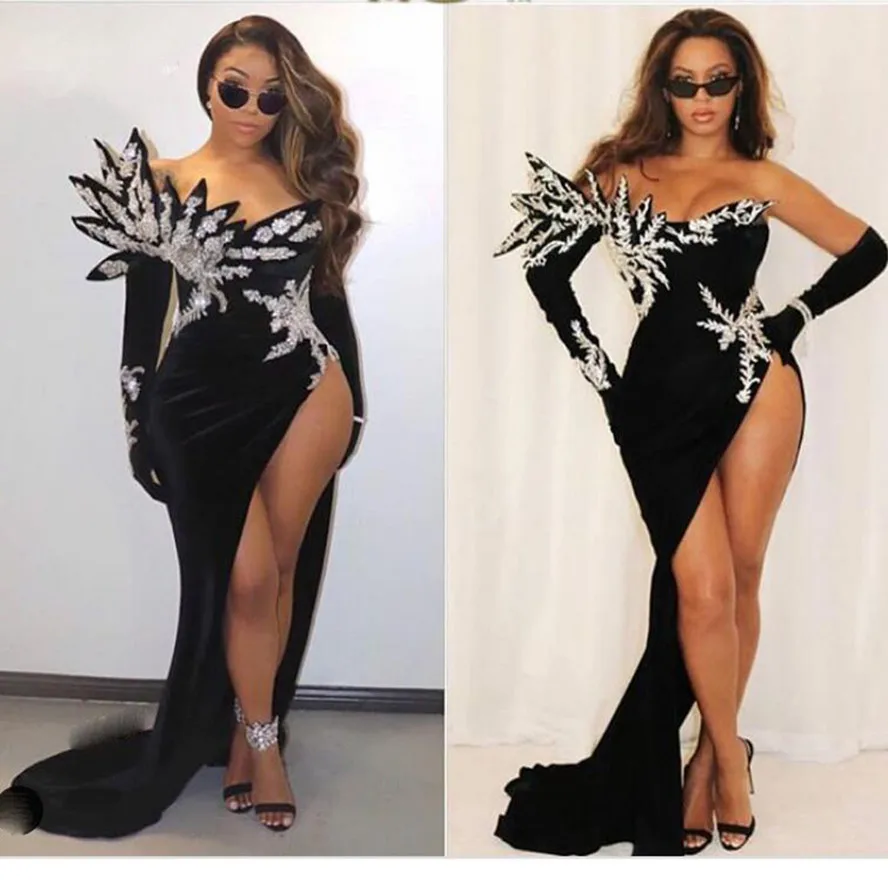 

Sexy Fashion High Side Sleeves Black Mermaid Prom Dresses One Shoulder Sequined Beaded Appliques Long Prom Gowns Off The Shouler