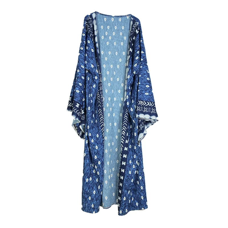 

Summer Blue Positioning Printing Waist Tie Cardigan Seaside Vacation Sunscreen Outwear Bikini Swimsuit Cover Ups Women