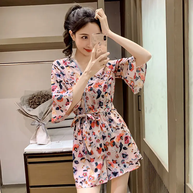 Женский комбинезон с цветочным принтом Летний широкими штанинами бантом 2020 T31 |