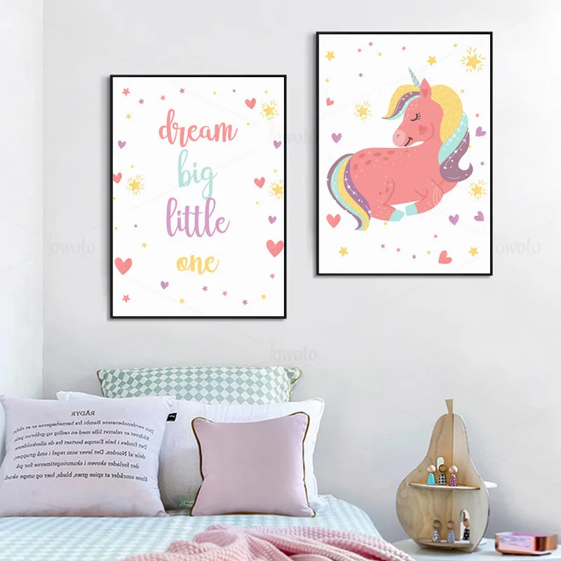 Цвет желтый розовый Постер с единорогом Детская Wall Art фотографии принтом