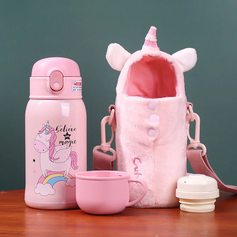 Termo de unicornio de acero inoxidable para ni&ntilde;os, taza de agua encantadora de gran capacidad para estudiantes, con cubierta de taza de felpa de paja-0