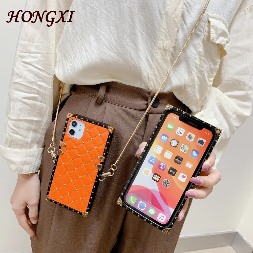 

Classic square willow nail snake bone chain lanyard case For iPhone 12mini 12 11 pro max X XR XS Max 7 8 plus
