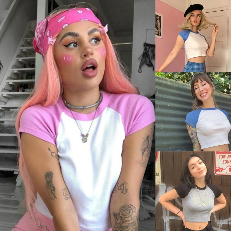 

Women Summer Patchwork Cotton T-Shirt Color Block Raglan Short Sleeve Crop Top O-Neck Bodycon Pullover Blouse Tees