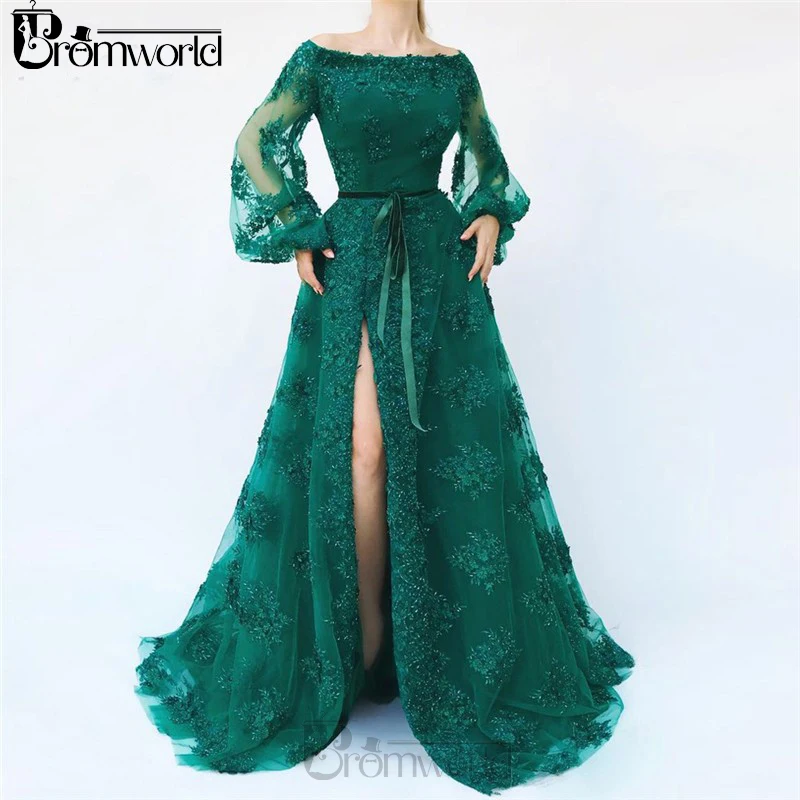 

Emerald Green Slit Puff Sleeve Muslim Evening Dress Robe De Soiree Islamic Dubai Kaftan Saudi Arabic Evening Gown Prom Dress