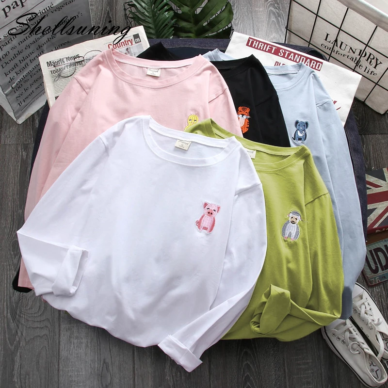 Shellsuning 5 цветов Kawaii футболка с вышивкой животных женская Ulzzang однотонная
