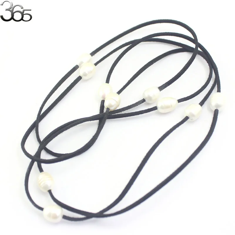 Бусины из натурального жемчуга колье черной кожи с крупным рисовым пресноводным