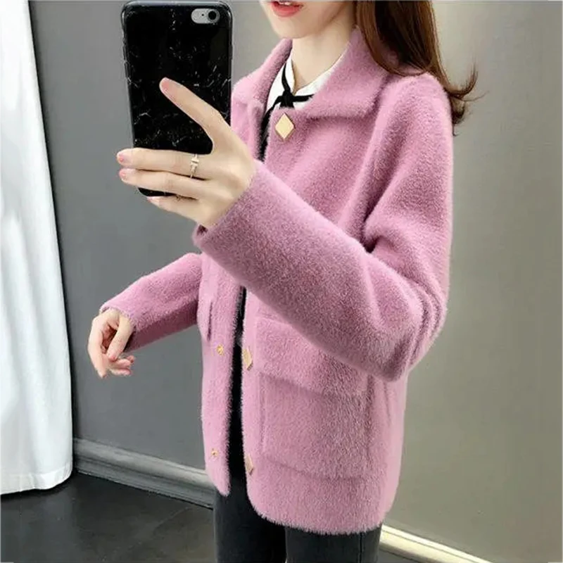 Женский вязаный кардиган на пуговицах облегающий с имитацией норки и бархата