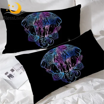 BlessLiving Henna Elephant Pillow Cases Set of 2 Black Neon Pillow Case Cover Paisley Lotus Floral Bohemian Pillow Shams 1