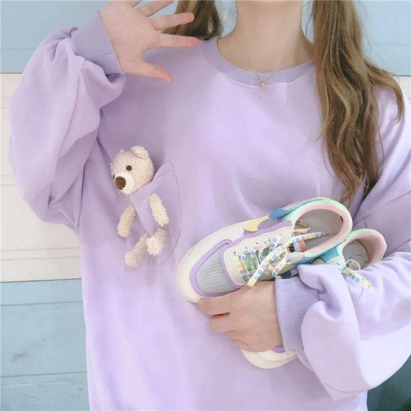 

Early Autumn Niche Design Girl Poke Bear Pullover Small Fresh Bestie Loose T-shirt Solid Color Thin Plus Size Women Tops