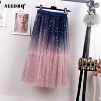 needbo tulle skirts women sexy lace high waist pleated skirt midi jupe femme a line sexy gradient tulle tutu skirt for women