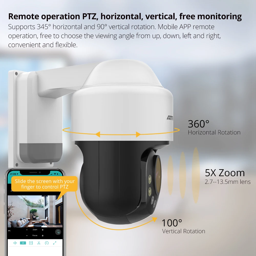 ATFMI WIFI 1080P PTZ IP Camera 4X Zoom Network Full Color Night Vision H265 2MP Waterproof IP66 IR 60m 1920X1080 | Безопасность и
