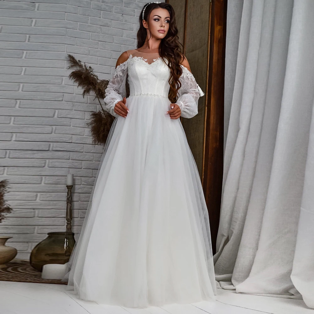 

Женское свадебное платье из тюля, белое платье с длинным рукавом, поясом и аппликацией, на молнии, бальное платье невесты