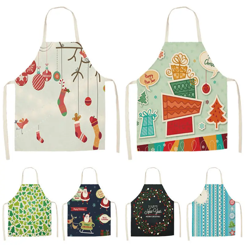 

1Pcs Christmas Apron for Woman Pinafore Cotton Linen Kitchen Aprons 53*65cm Adult Bibs For Home Baking Cooking Accessory PM0005