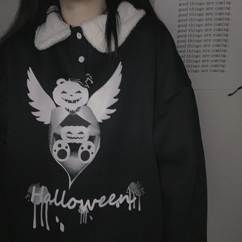 

GothGotik Gothic Pullovers For Women Halloween Pumpkin Bear Print Thick Sweatshirts Wool Polo Collar Winter Casual Streetwear