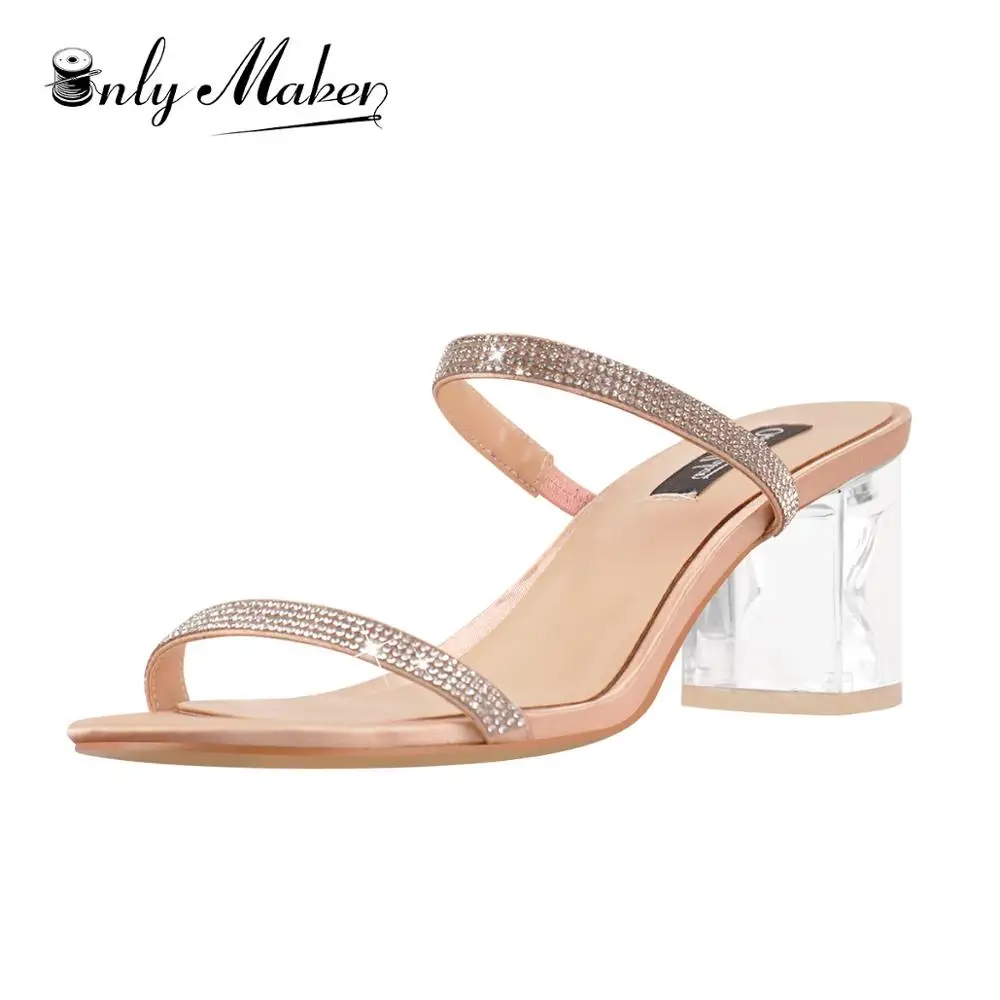 

Onlymaker Women's Clear Transparent High heels Sandals Rhinestone Strap Lucite Clear Block Chunky Heels shoes Big Size US15