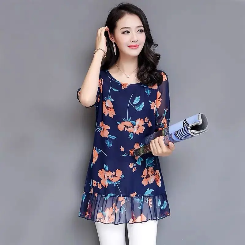 

Women's Spring Autumn Style Chiffon Blouse Shirt Women's Printed Half Sleeve O-Neck Ruffles Casual Loose Tops SP1110