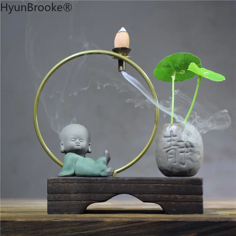 Zen Style Ceramic little monk Incense Burner Stick Holder Smoke Backflow Cone Furnace Base Metal Circle Creative | Дом и сад