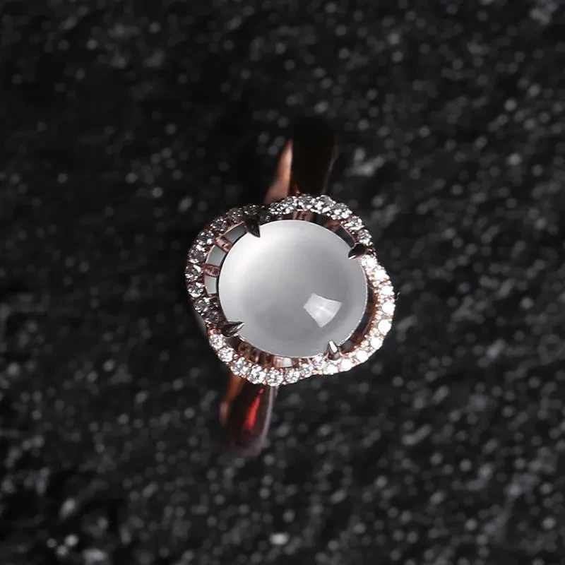 

Light Luxury European and American S925 Ice-like Chalcedony Small Egg Surface Ring Inlaid Diamond Women's Rose Gold Women's Open