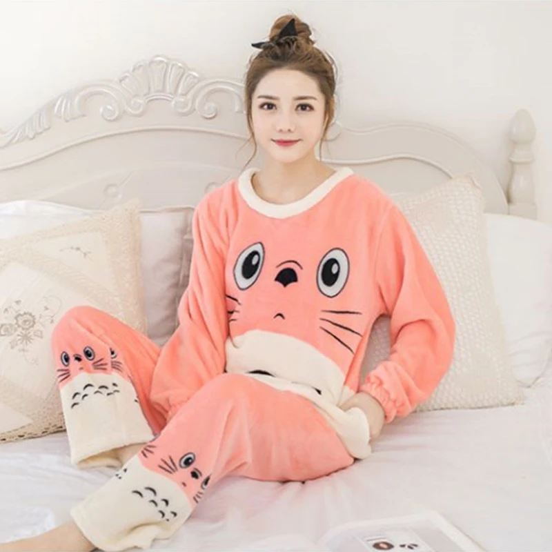 

Seesslim Totoro Flannel Women Sleepwear Pajamas Girls Cartoon Print Pajama Set Coral Fleece Pijamas Mujer Home Suits Nightgwear