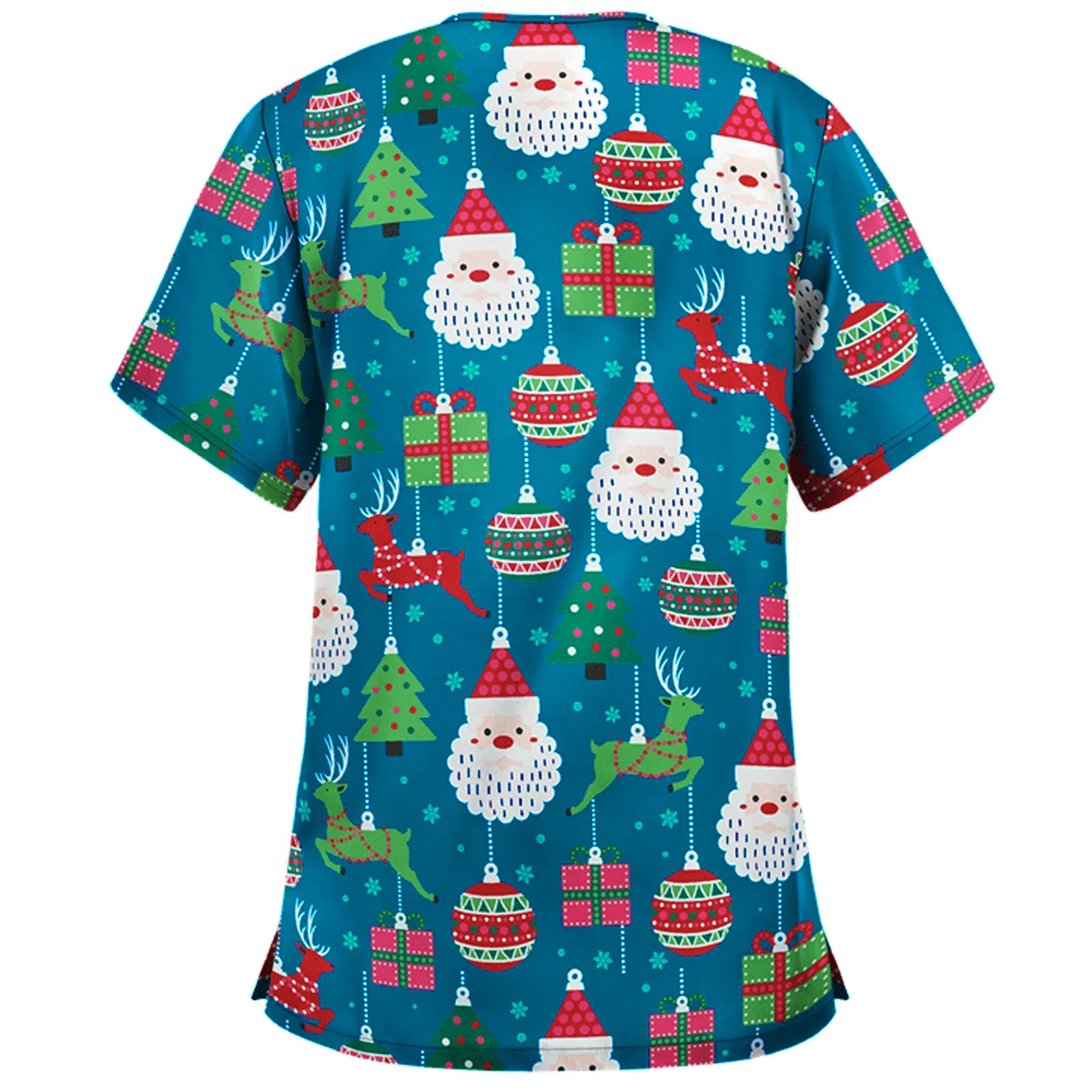 V-Neck Christmas Print Scrubs Tops Women Short Sleeve Uniforms Health Service Work Top Pet Grooming Beauty Salon Nurse Shirt A50