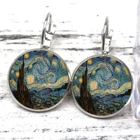 charm 3 color famous artist starry night stud earrings simple style earings van gogh glass cabochon jewelry women gift souvenir