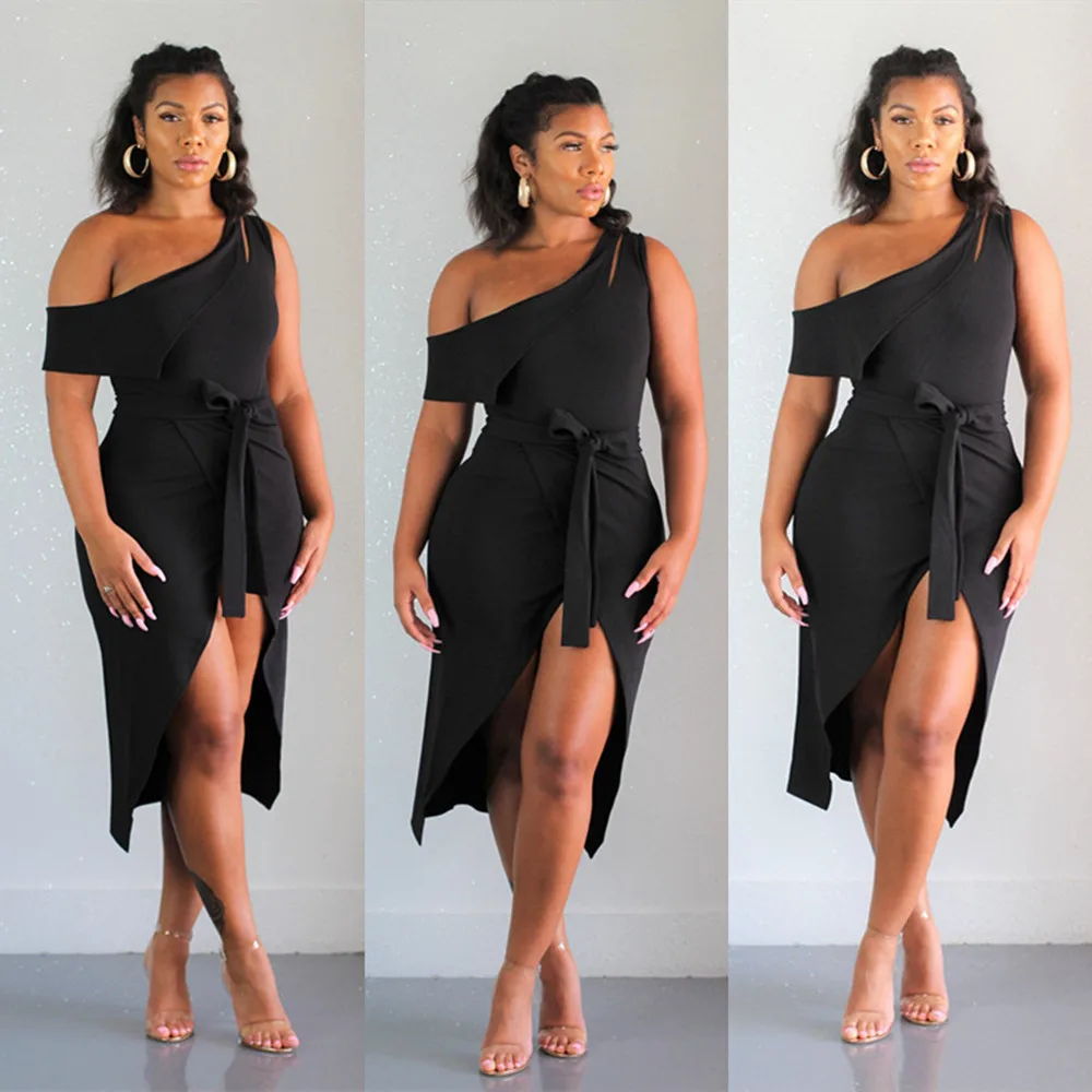 

Сексуальное однотонное платье с разрезом и косым воротником