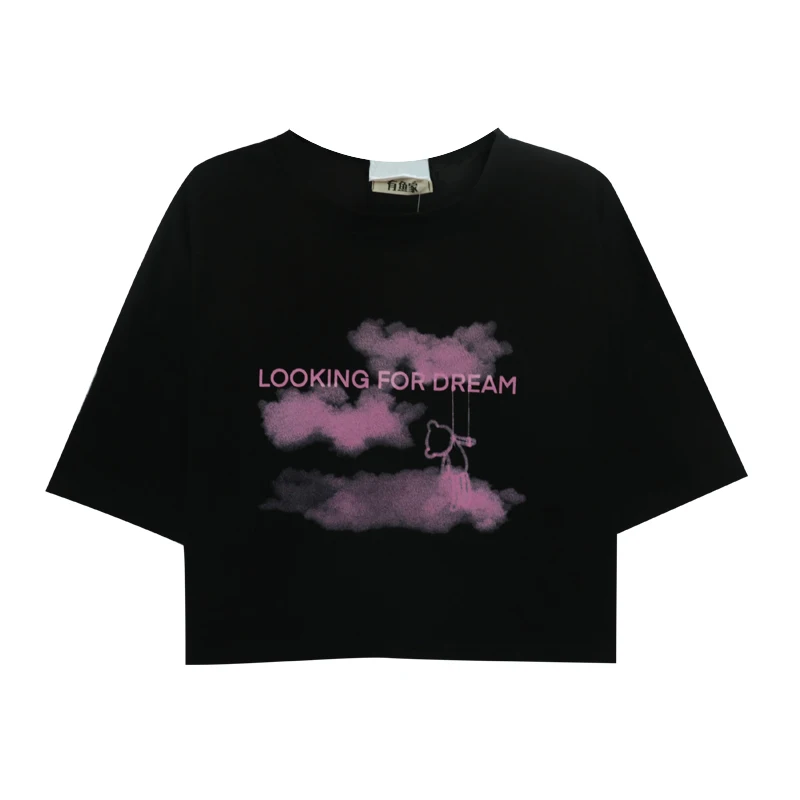 Black Short Female Tees Summer 2021 New High Waist Navel Korean Style Loose Fashion Clothes Sleeve Women T-shirts | Женская одежда