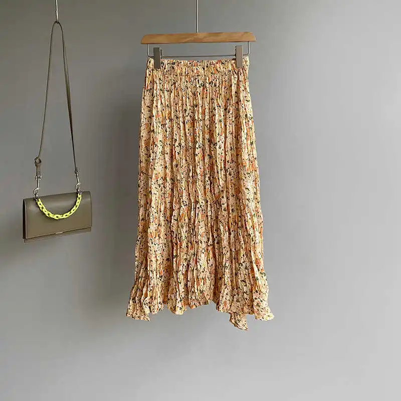 

COZOK Irregular Floral High Waist Skirt Women 2021 Summer Elastic Waist Pleated Oil Painting Skirt 7035