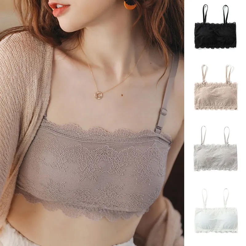 

Newly Women Underwear Tanks Tops Fashion Ladies Lace Stretchy Detachable Shoulder Strap No-Steel Ring With Chest Pad For Girls