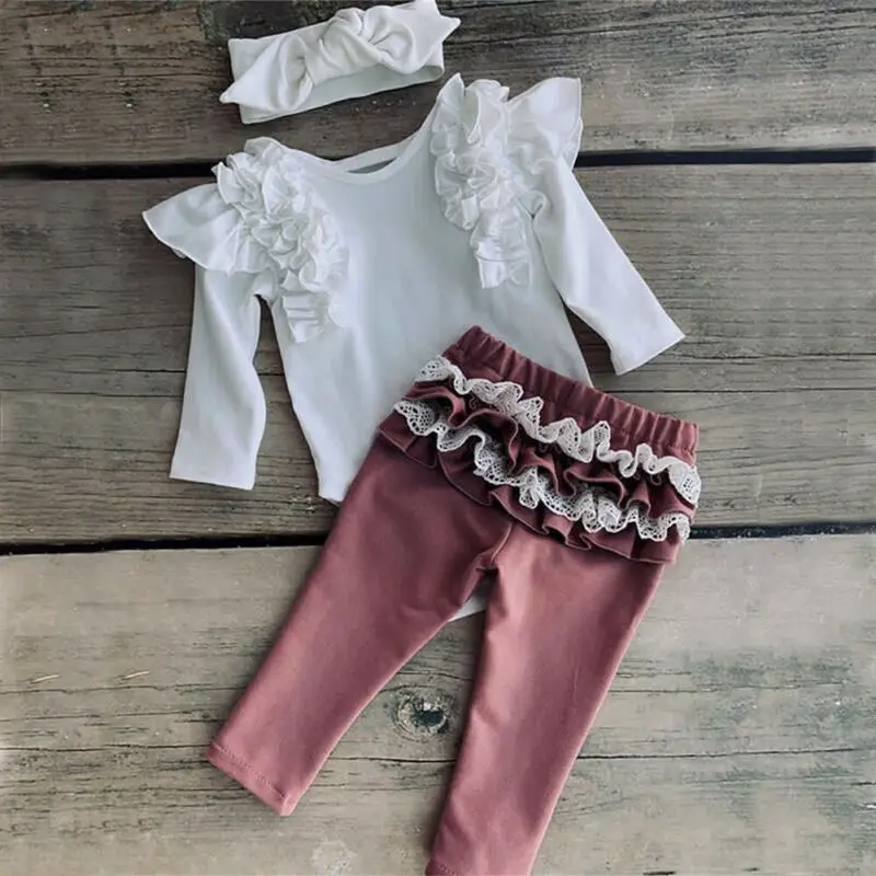

NEW Baby Girl Clothes Romper Jumpsuit Lace Ruffle Pants Headband Newborn Outfits