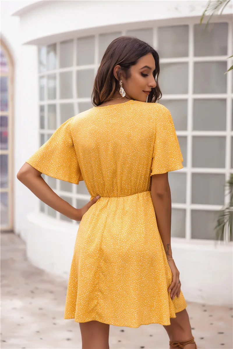 

2021 Summer European and American Women's V-neck Small Sexy Short-sleeved Dress Yellow Ruffle Mini Dress Vintage Korean Dress