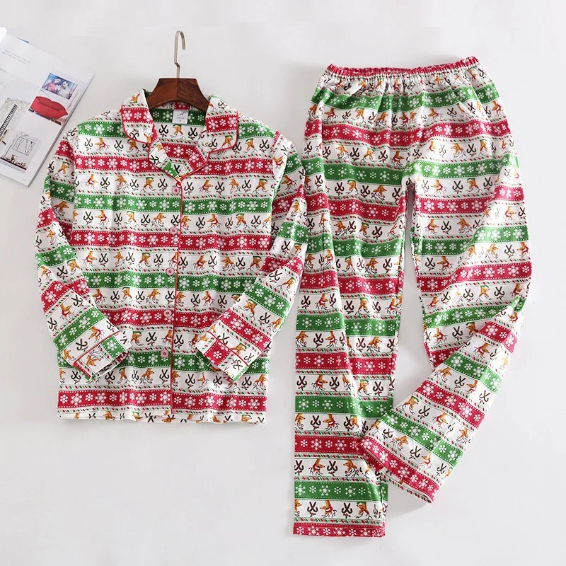 Christmas fawn Женские пижамы из хлопка, 2 предмета, пижамы с длинными рукавами, брюки, одежда для сна, осенне-зимняя Пижама, Женская домашняя одежда с рисунком - Цвет: Christmas fawn