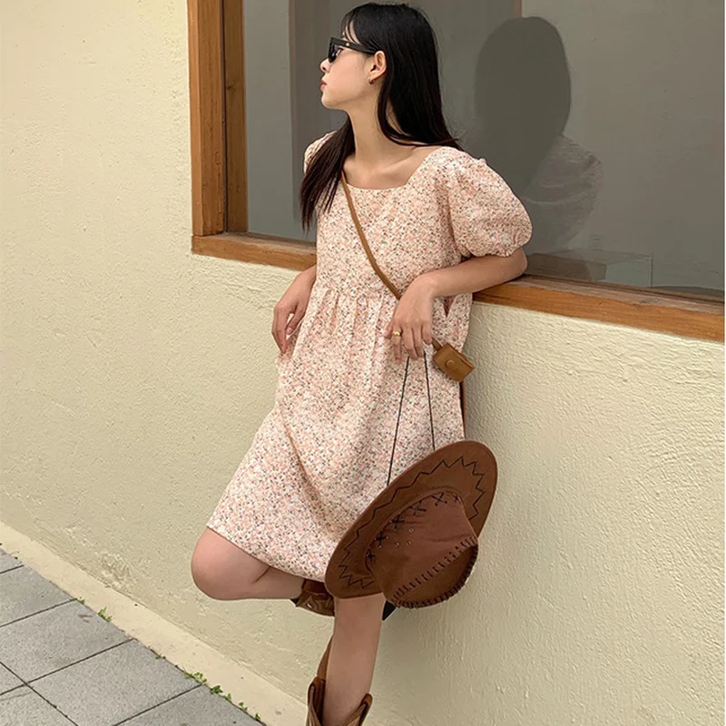 

Puff Sleeve Print Sweet Square Neck Dress Women Loose Summer Simple Vintage Style Short Femme Robe Casual All Match Vestidos