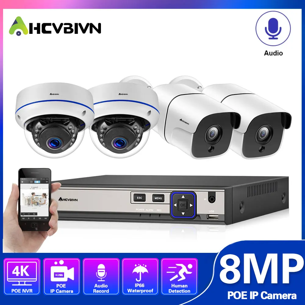 

8MP 4K Ultra HD Security Camera System 4ch PoE NVR & 4 PoE IP Bullet Dome Cameras Surveillance 4CH NVR Kit P2P XMEYE