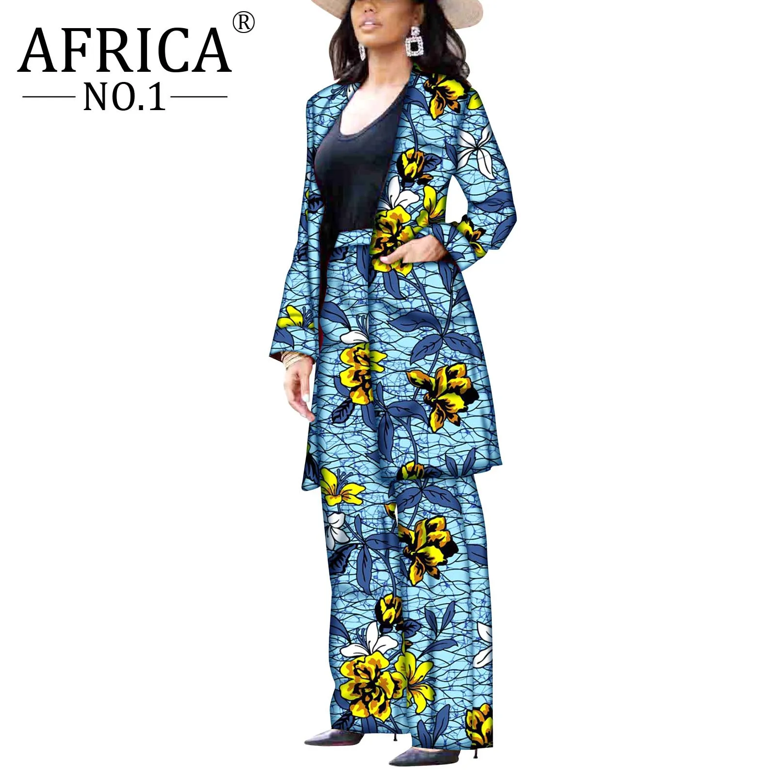 African Winter Suit for Women Long sleeves Coats and Pants 2 pieces Outfits Jacket Femme Robe Clothes Cotton Wax Print V2026004