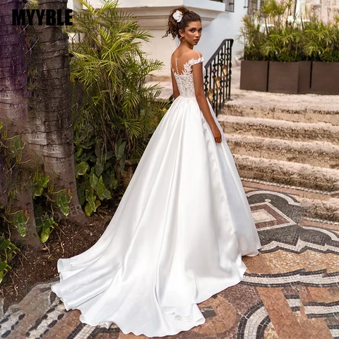 MYYBLE Wedding Dress Boho 2021 Cap Sleeves O-Neck Appliqued Satin Bridal Dress Beach Princess Plus Size Wedding Gown Cheap