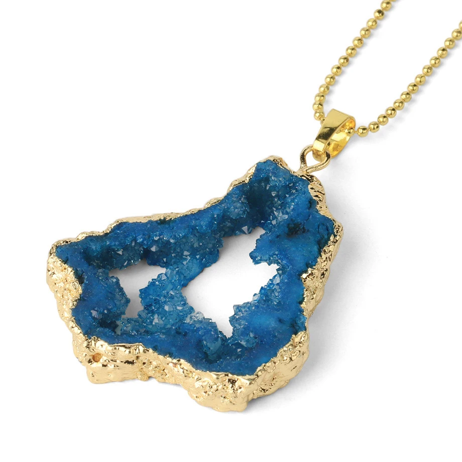 Геометрический Друза природного камня Geode кулон ожерелья для женщин золотой цвет