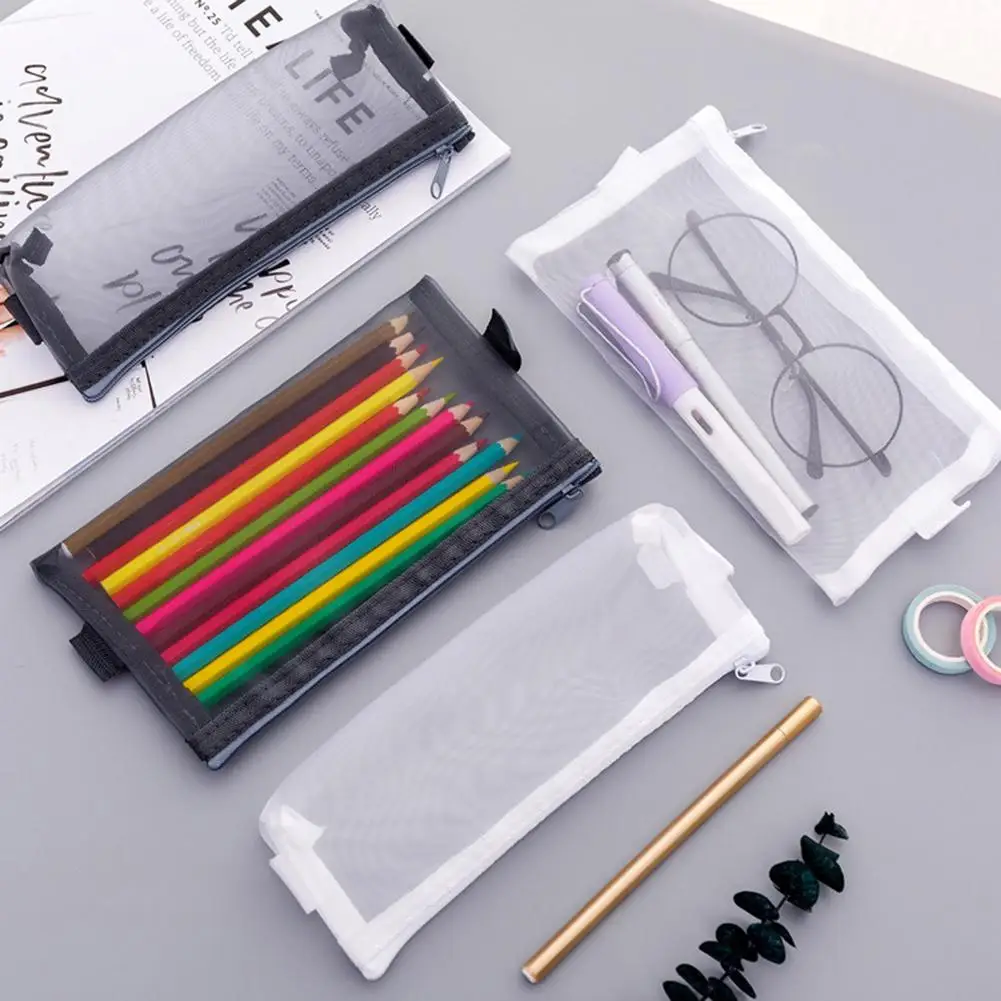 

Transparent Mesh Pen Case Holder Pencil Bag Students Stationery Storage Pouch