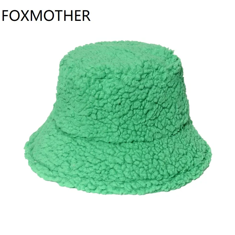 FOXMOTHER Winter Warm Caps Outdoor Lamb Warm Thicken Plain Color Green Fluffy Bucket Hats Women Men Panama
