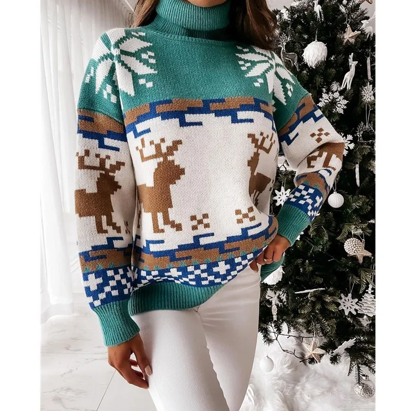 

Принт с рождественским лосем вязаный женский пуловер с высоким воротником 2021 зимний Свободный теплый свитер модные повседневные женские с...