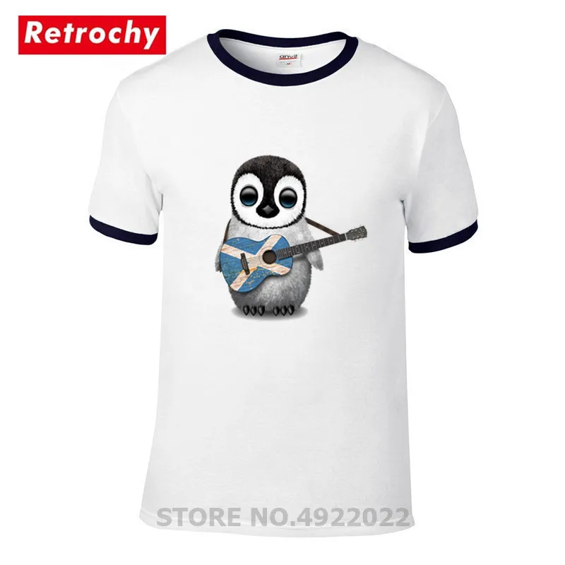 Funny Men's Hipster O-Neck T Shirt Cute Baby Penguin Playing Scottish Flag Guitar T-Shirt Summer Urban Trendy Brand Tshirt Homme | Мужская
