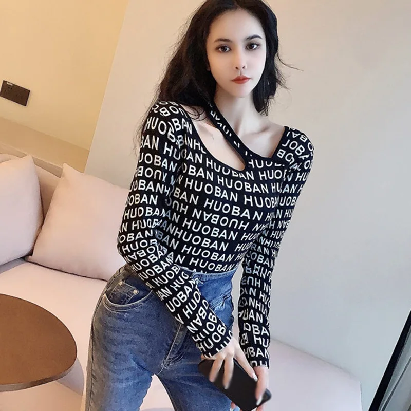 

Sexy Women's Tshirt Korea Tee Tops Alphabet Halter T Shirt Neck Sexy Hollow Strapless Long-Sleeved Camiseta Saco