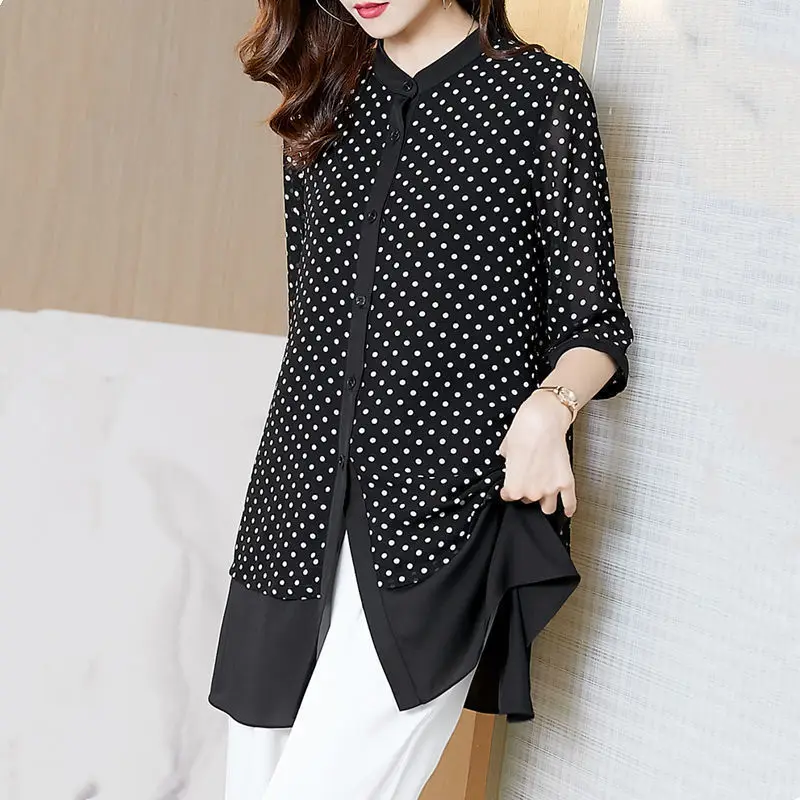 Summer Women Dots Print Chiffon Shirts Blouses Fake Two Pieces Large Size Loose Temperament Tops Mid-Length Blusas MM0316 images - 6