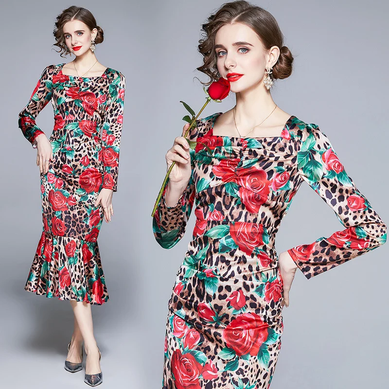 

Dress for Women Party Polyester Office Lady 2021 Trumpet Mermaid Printing Above Knee, Mini Square Collar Summer Empire Satin