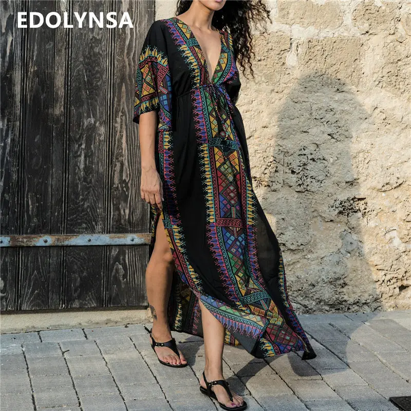 Bohemian Women Summer Beach Dress Swim Wear Cover Up Cotton Tunic Sexy Deep V-Neck Robe Caftan Bikini Cover-ups pareo#Q645